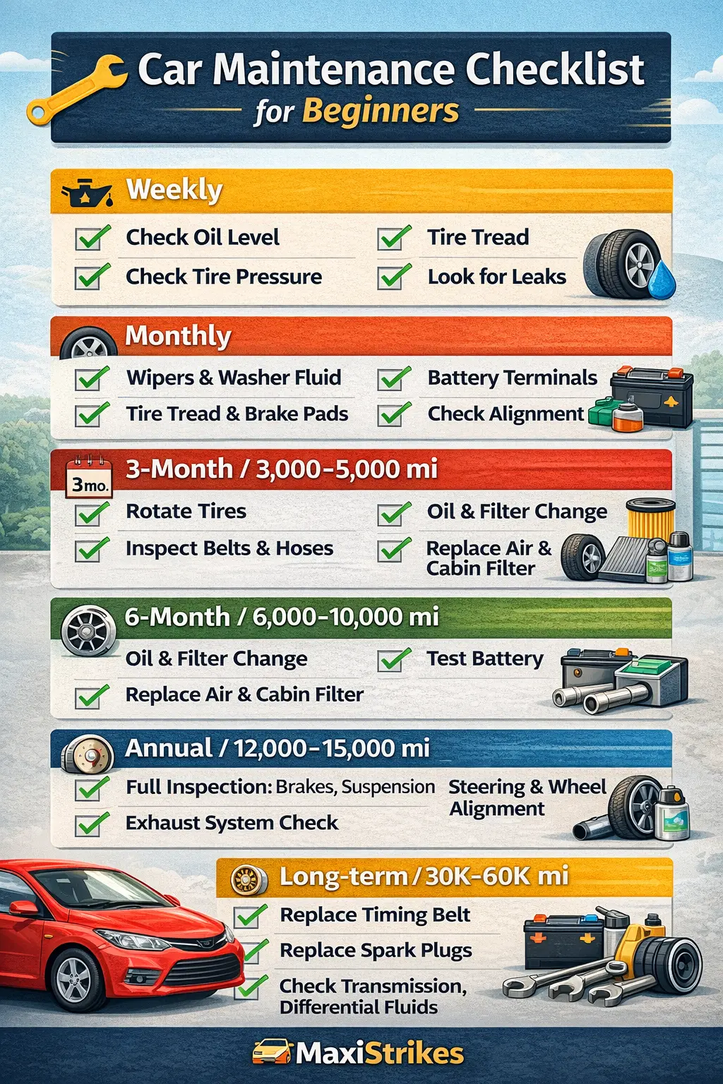 Car maintenance checklist for beginners showing weekly, monthly, 3-month, 6-month, annual, and long-term tasks with icons for oil, tires, brakes, and battery