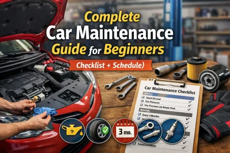 Complete car maintenance guide for beginners with checklist and tools in a garage