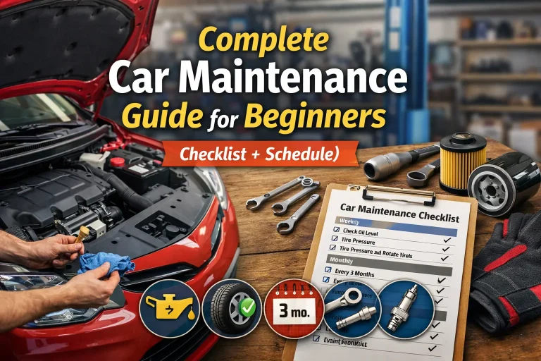 Complete car maintenance guide for beginners with checklist and tools in a garage